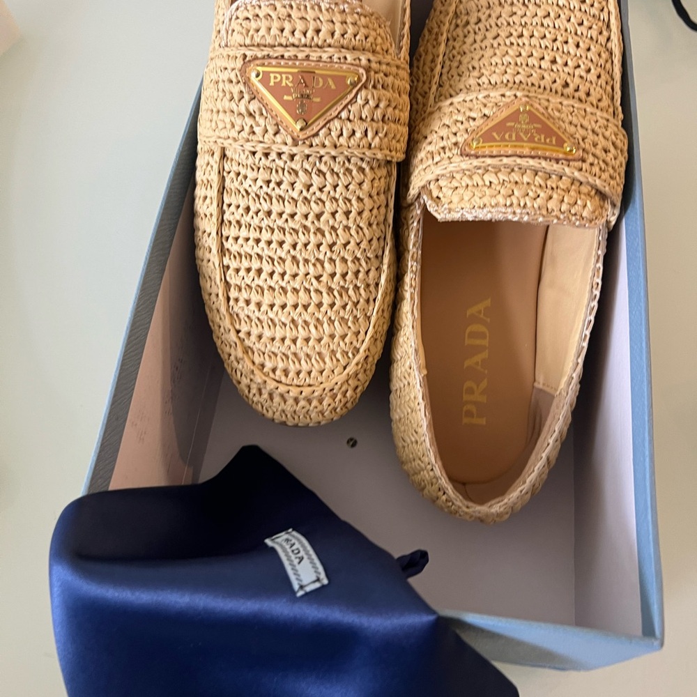 Prada Tan Woven Loafers